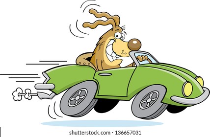 Cartoon Illustration Of A Dog Driving A Car.