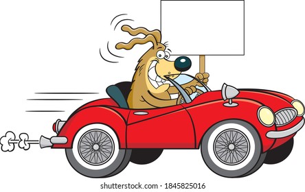 Cartoon Illustration Of A Dog Driving A Convertible Sports Car With Wire Wheels While Holding A Sign.