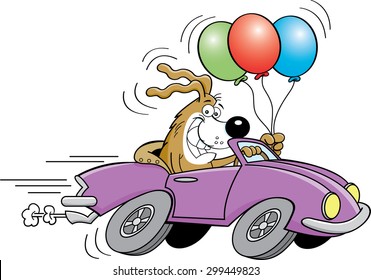 Cartoon illustration of a dog driving a sports car and holding balloons.