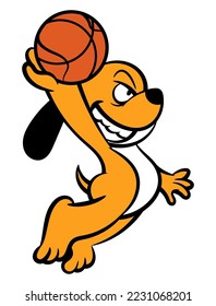 Cartoon illustration of Dog dunking a Ball to basket at streetball competition. Best for mascot, logo, and sticker with basketball themes