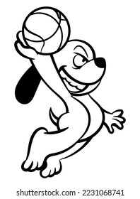 Cartoon illustration of Dog dunking a Ball to basket at streetball competition. Best for mascot, outline, and coloring book with basketball themes
