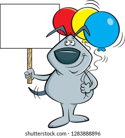 Cartoon illustration of a dog holding balloons and a sign.