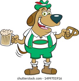 Cartoon illustration of a dog holding a beer mug and a pretzel.