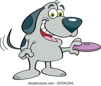 Cartoon illustration of a dog holding a flying disk.
