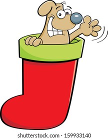 Cartoon illustration of a dog inside a stocking.