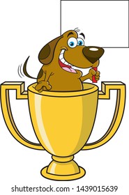Cartoon illustration of a dog inside a trophy cup holding a sign.