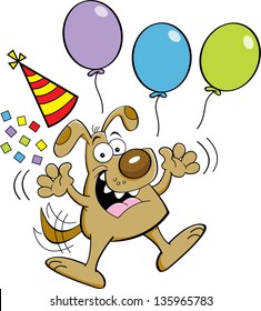 Cartoon illustration of a dog jumping with balloons and a party hat.