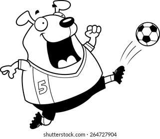 A cartoon illustration of a dog kicking a soccer ball.