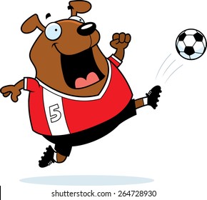 A cartoon illustration of a dog kicking a soccer ball.