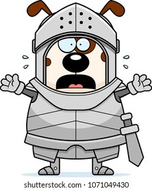 A cartoon illustration of a dog knight looking scared.