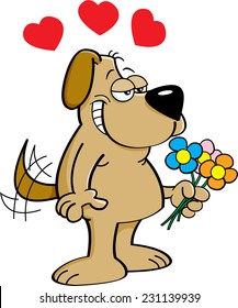 Cartoon illustration of a dog in love holding flowers.