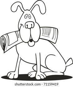 Cartoon illustration of Dog with newspaper for coloring book