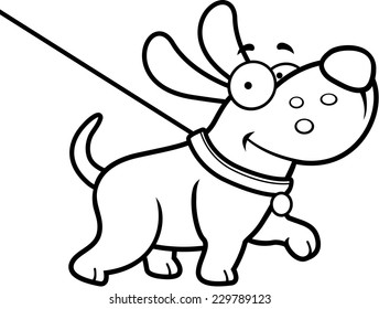 A cartoon illustration of a dog on a leash going for a walk.