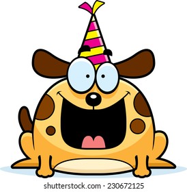 A cartoon illustration of a dog with a party hat looking happy.