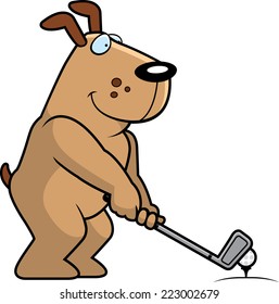 A cartoon illustration of a dog playing golf.