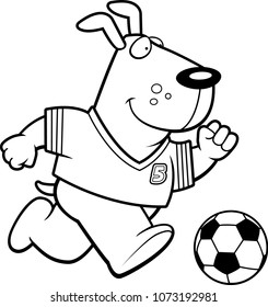 A cartoon illustration of a dog playing soccer.