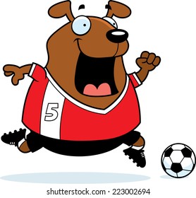 A cartoon illustration of a dog playing soccer.