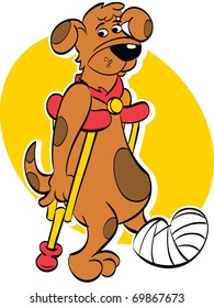 Cartoon illustration of a dog walking on crutches with its foot in a cast.