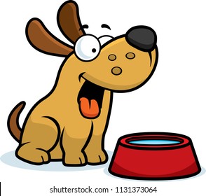 A cartoon illustration of a dog with a water bowl.