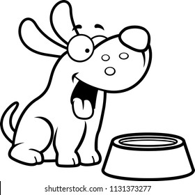 A cartoon illustration of a dog with a water bowl.