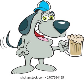 Cartoon illustration of a dog wearing a baseball cap and holding a beer mug.