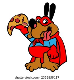 Cartoon illustration of A Dog wearing mask, cape, and superhero costume. Show a Pizza slice with it's hand. Best for mascot, logo, sticker with fast food restaurant themes