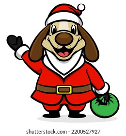 Cartoon illustration of Dog wearing Santa claus costume, greeting and carrying a bag of gift, best for sticker, logo, and mascot with christmas themes