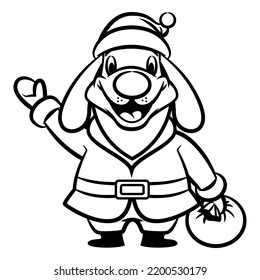 Cartoon illustration of Dog wearing Santa claus costume, greeting and carrying a bag of gift, best for sticker, mascot, and coloring book with christmas themes