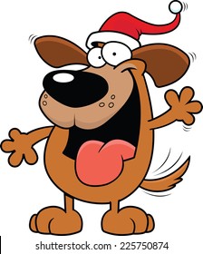 Cartoon illustration of a dog wearing a Santa hat and waving. 