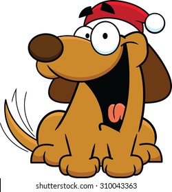 Cartoon illustration of a dog wearing a Santa Claus hat. 