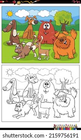 Cartoon illustration of dogs animal comic characters group coloring book page