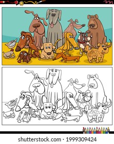 Cartoon illustration of dogs animals comic characters group coloring book page