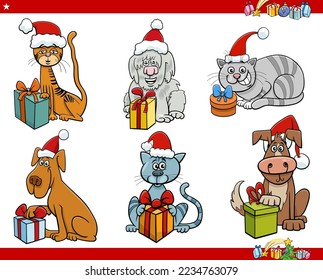 Cartoon illustration of dogs and cats animal characters with Christmas presents set