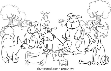 Cartoon Illustration of dogs on the meadow for coloring book