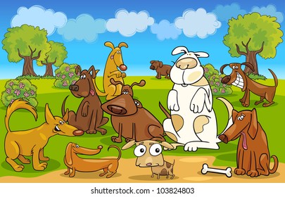 Cartoon Illustration of dogs on the meadow