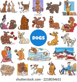 Cartoon illustration of dogs and puppies comic animal characters big set