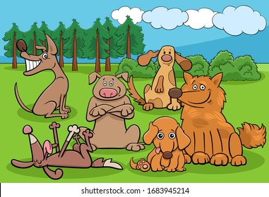 Cartoon Illustration of Dogs and Puppies Funny Animal Characters Group in the Park