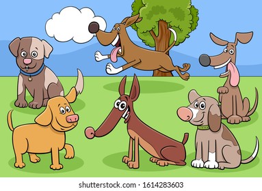 Cartoon Illustration of Dogs and Puppies Pet Animal Comic Characters Group in the Park