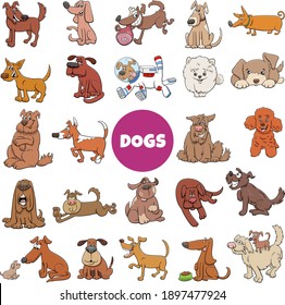 Cartoon illustration of dogs and puppies pet animal comic characters big set