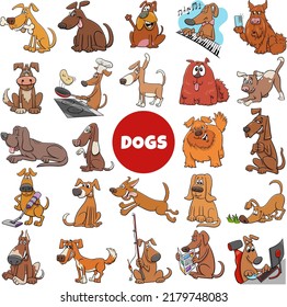 Cartoon illustration of dogs and puppies pet animal comic characters big set