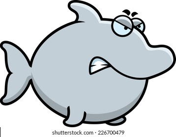 A cartoon illustration of a dolphin with an angry expression.