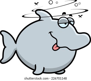 A cartoon illustration of a dolphin looking drunk.
