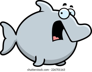 A cartoon illustration of a dolphin looking scared.