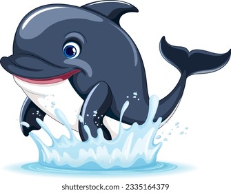 A cartoon illustration of a dolphin smiling and jumping out of the water, isolated on a white background