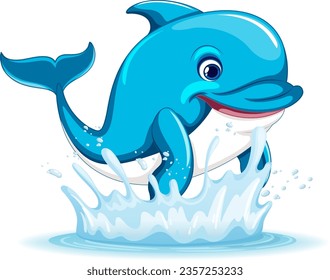 A cartoon illustration of a dolphin smiling and jumping out of the water, isolated on a white background