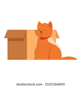 Cartoon illustration of a domestic shorthair cat sitting next to an empty box