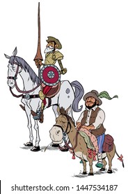 Cartoon illustration of Don Quixote and Sancho Panza isolated on white background.