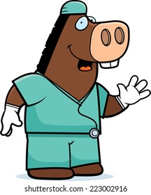 A cartoon illustration of an donkey doctor in scrubs.