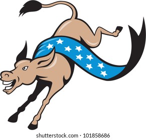Cartoon illustration of a donkey jackass jumping leaping with stars banner ribbon as democrat mascot on isolated white background.