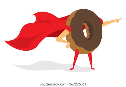 Cartoon illustration of donut super hero standing with cape